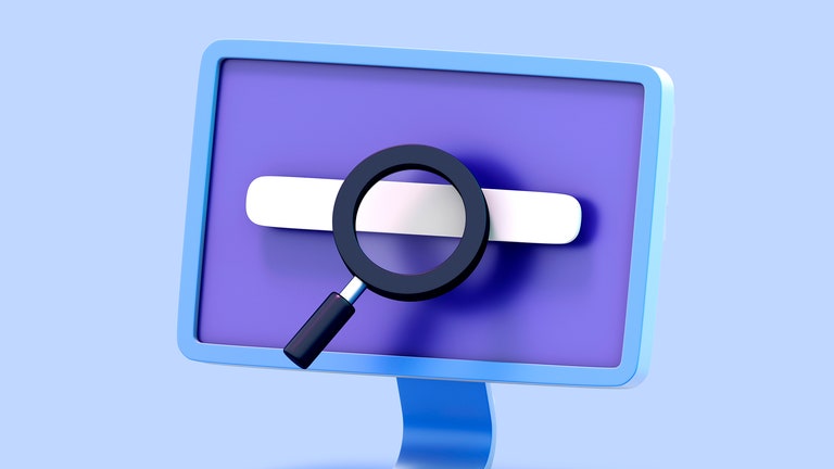 3D illustration of a desktop computer with a keyboard magnifying glass and search engine bar hovering over the screen