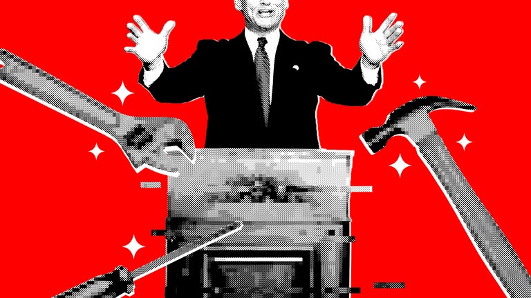 Collage of a politician at a pixelated podium surrounded by pixelated tools